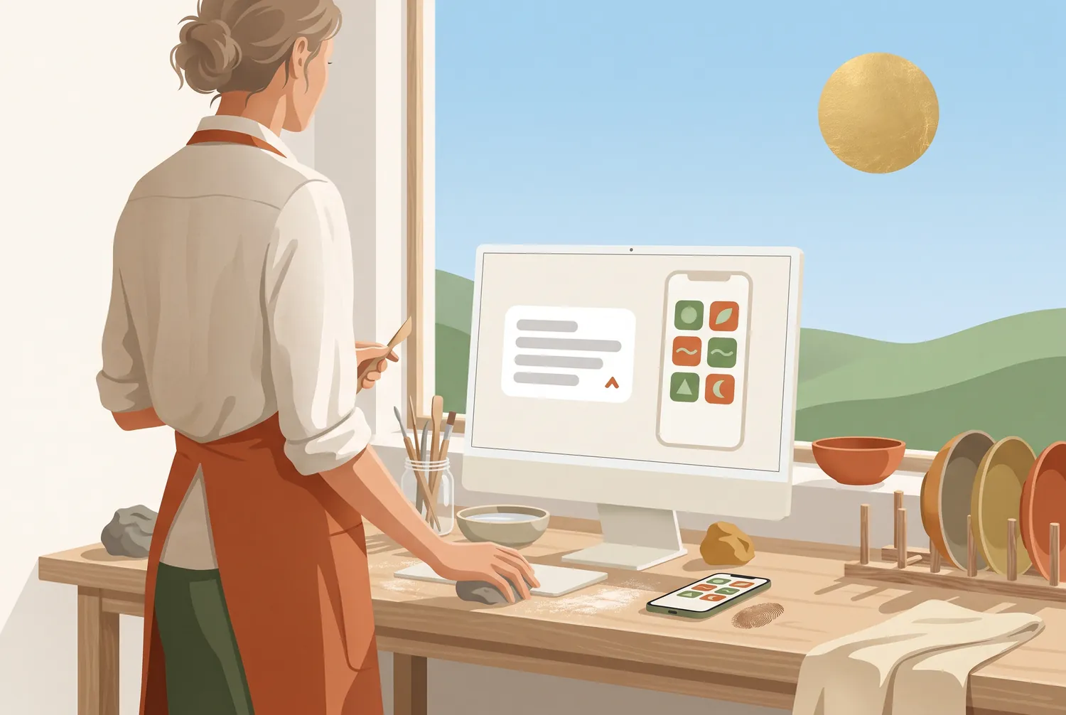 A potter stepping from the wheel to a screen showing the app being built for her business, clay still on her hands.