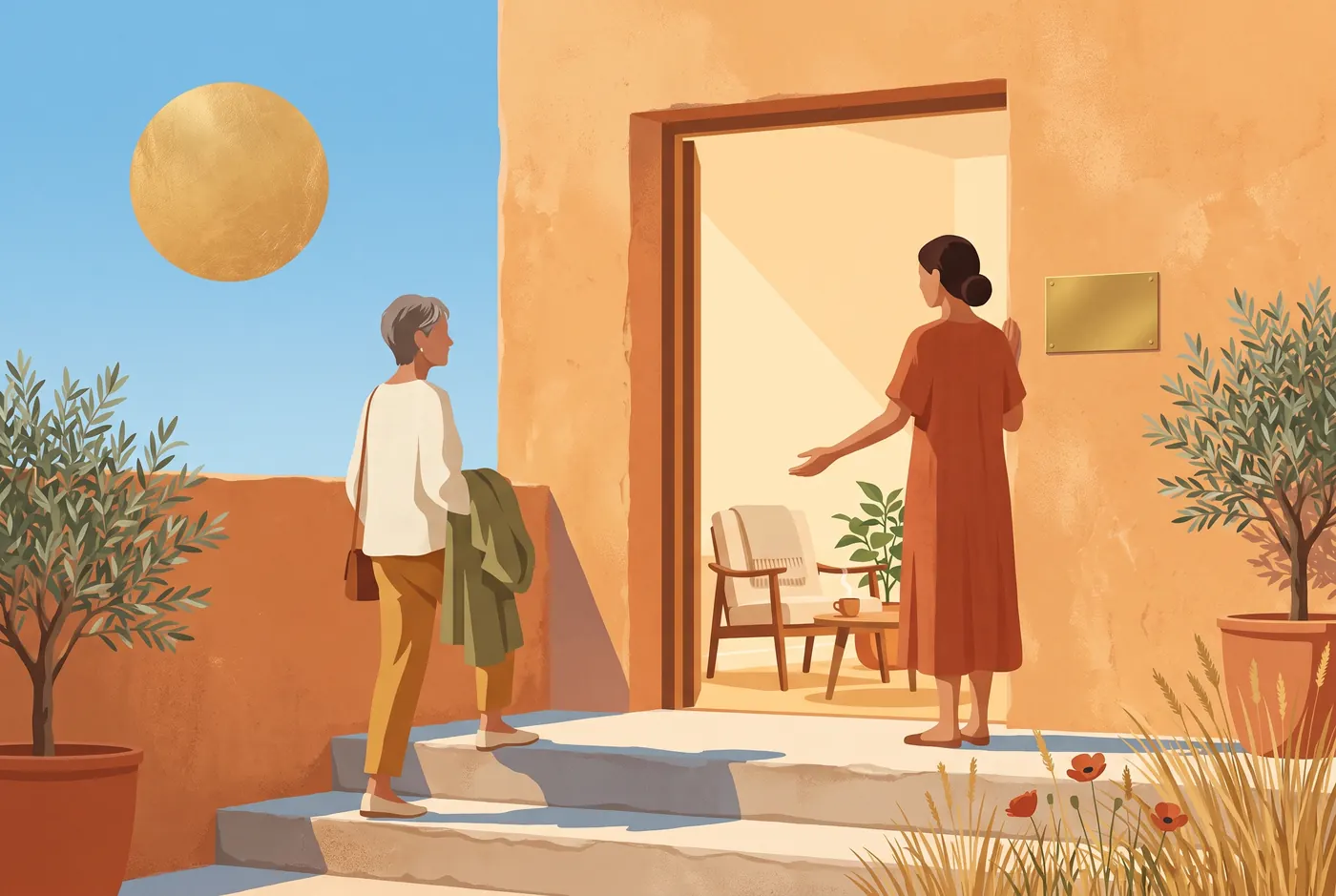 A client arriving for an appointment she clearly knows, met at the door by the practitioner; the room inside is already set.