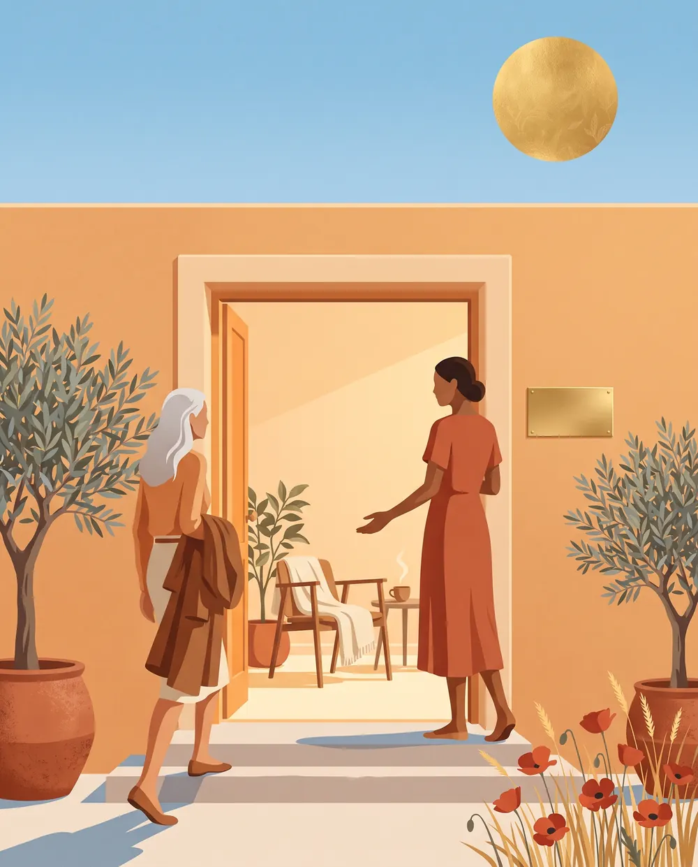 A client arriving for an appointment she clearly knows, met at the door by the practitioner; the room inside is already set.