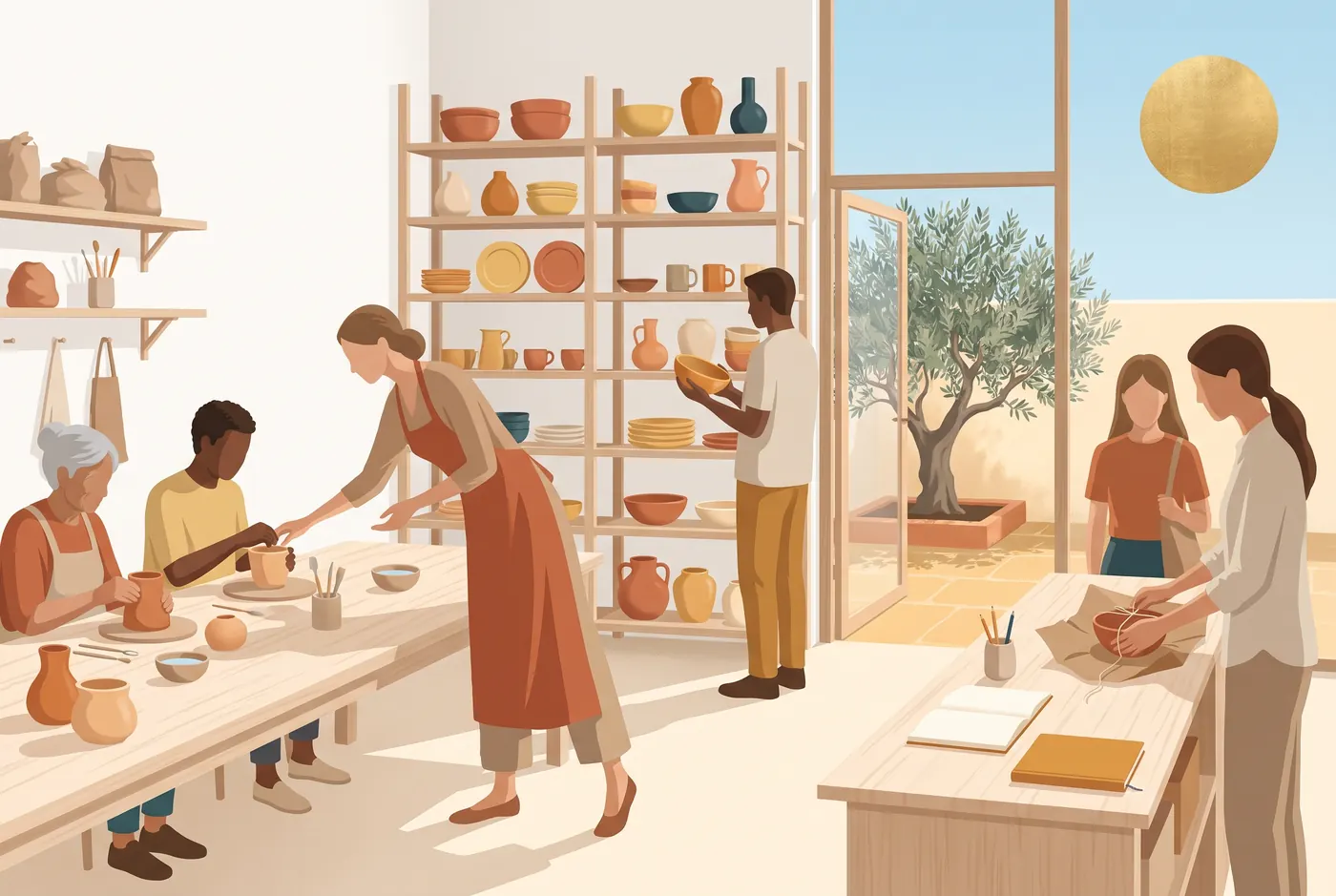 A ceramics studio on a bright morning, a class working with clay, a finished piece being wrapped at the counter.