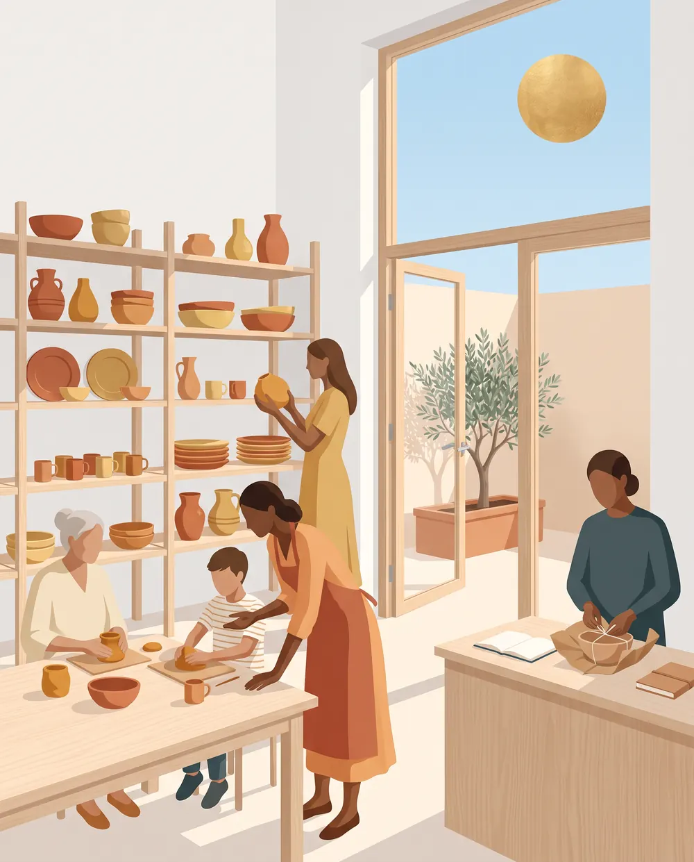 A ceramics studio on a bright morning, a class working with clay, a finished piece being wrapped at the counter.